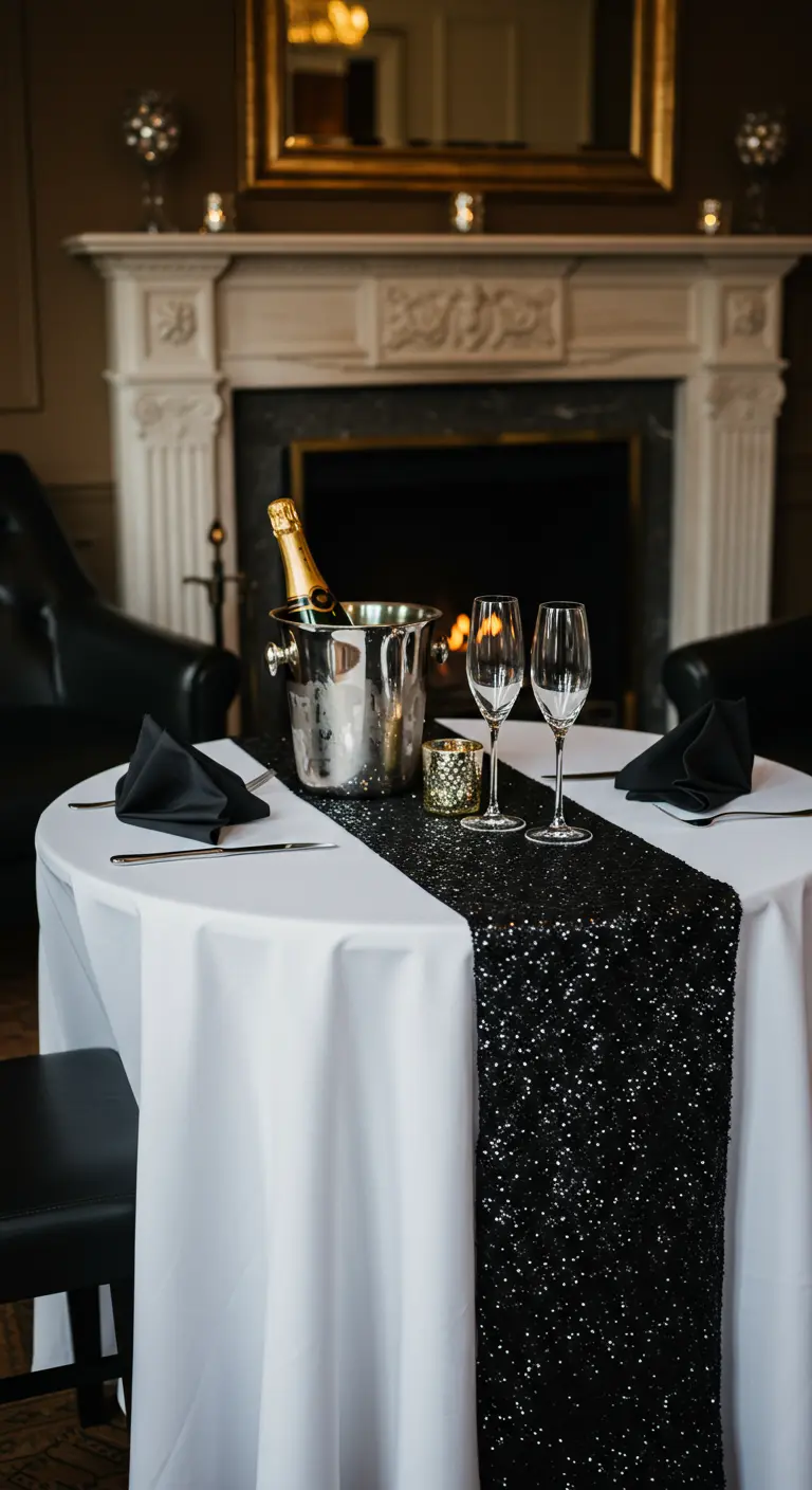 A small, romantic table for two with a black sequin runner and a champagne bucket.