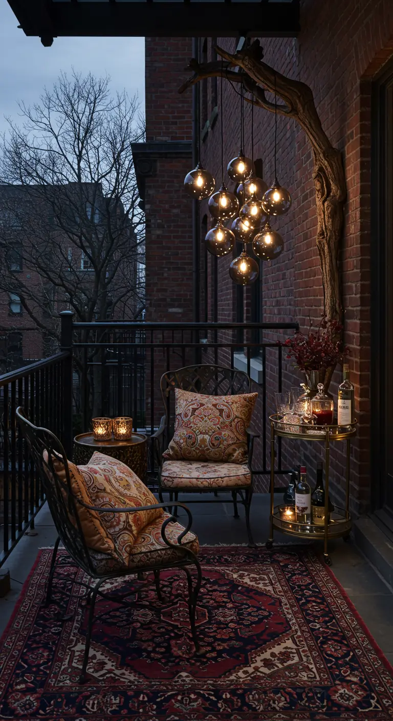 A moody brick balcony at night with wrought iron chairs, paisley cushions, and a bar cart.