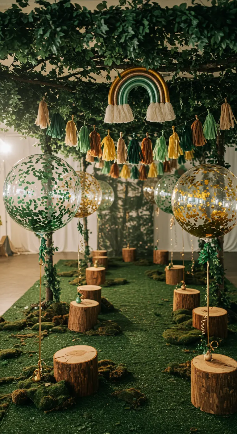 An enchanted forest party theme with log seats, green grass, and gold and green confetti balloons.