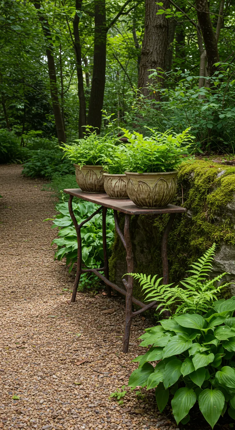 Ferns in earthy planters on a faux-bois console table on a woodland path.