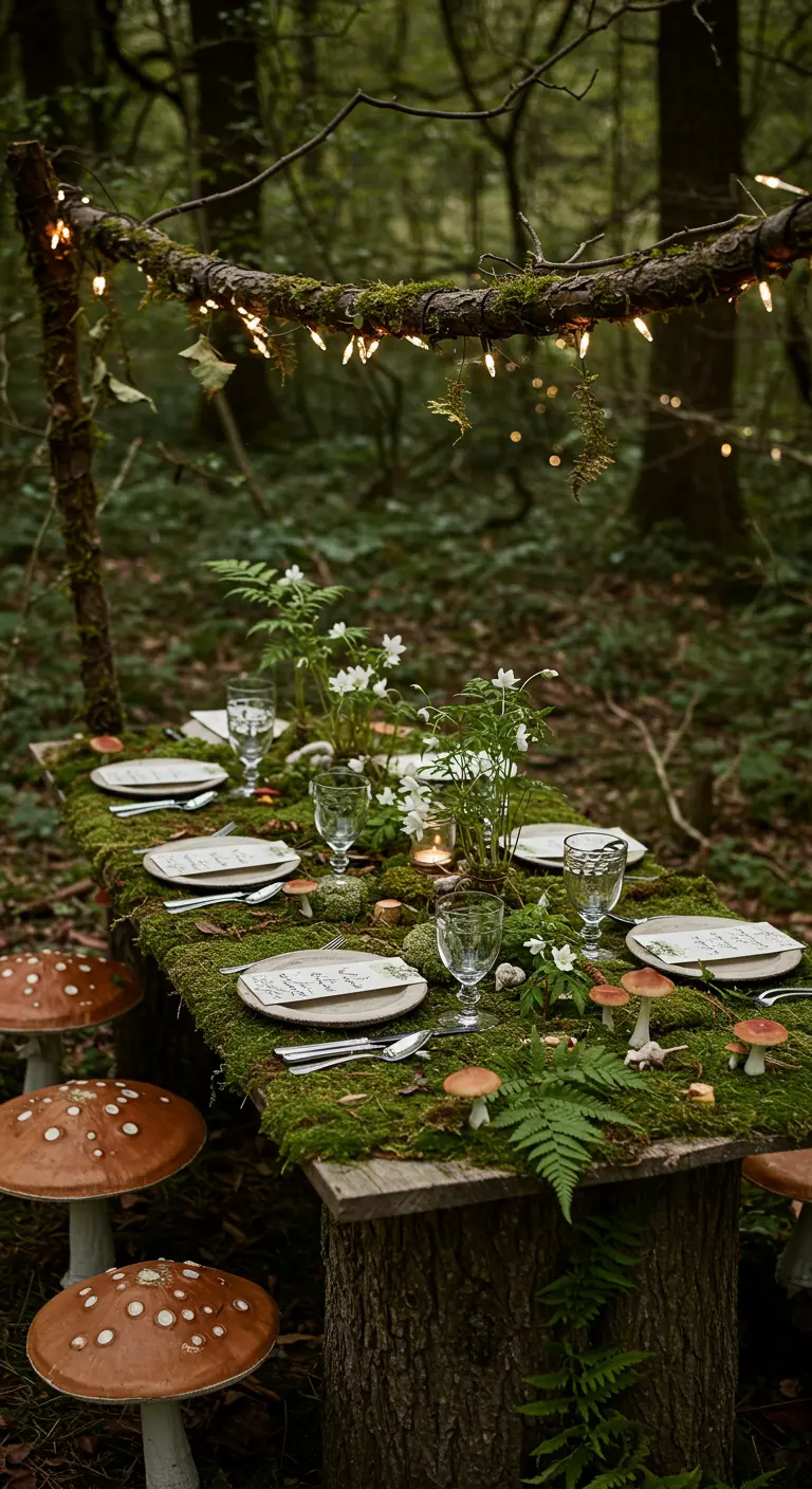 A whimsical table in the woods covered in moss, with fairy lights and mushroom-shaped stools.
