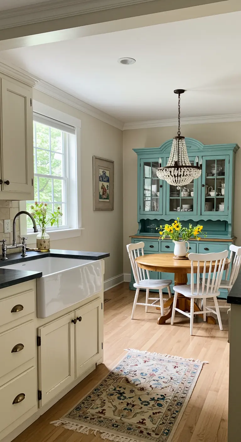 Eat-in kitchen with cream cabinets and a bright turquoise antique hutch.