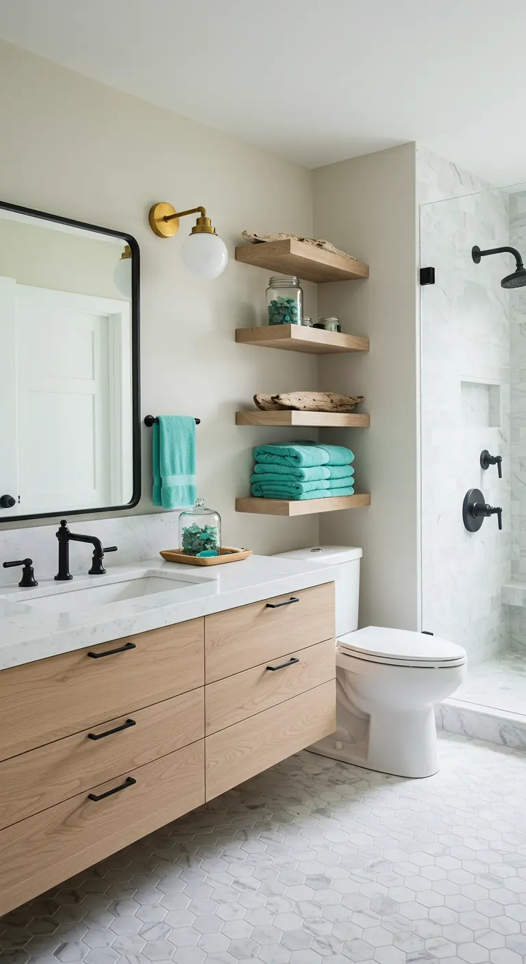 A bathroom with a light wood vanity, black fixtures, and coastal accents like driftwood.