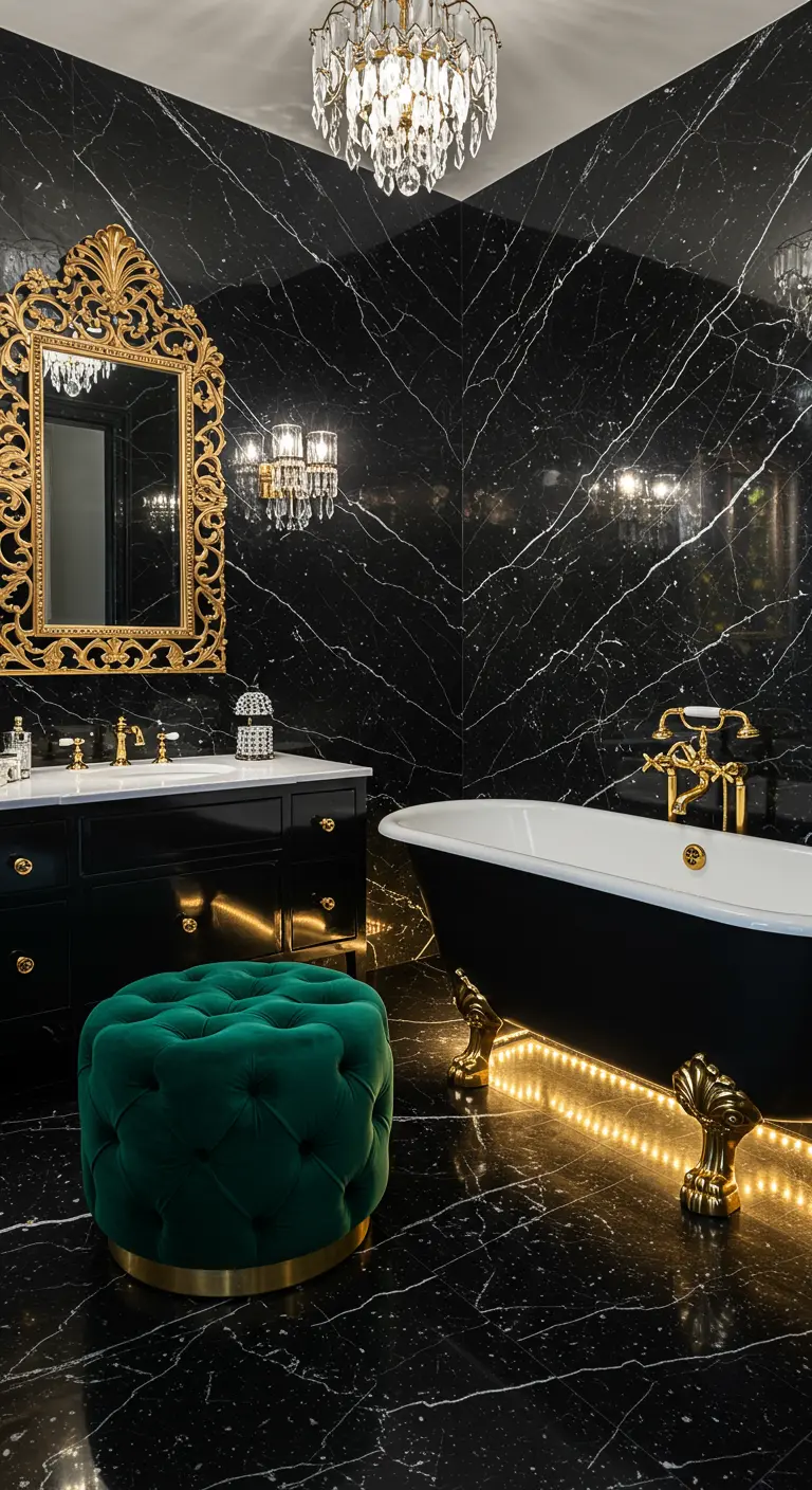 Ornate black marble bathroom with a clawfoot tub and a tufted emerald green ottoman.