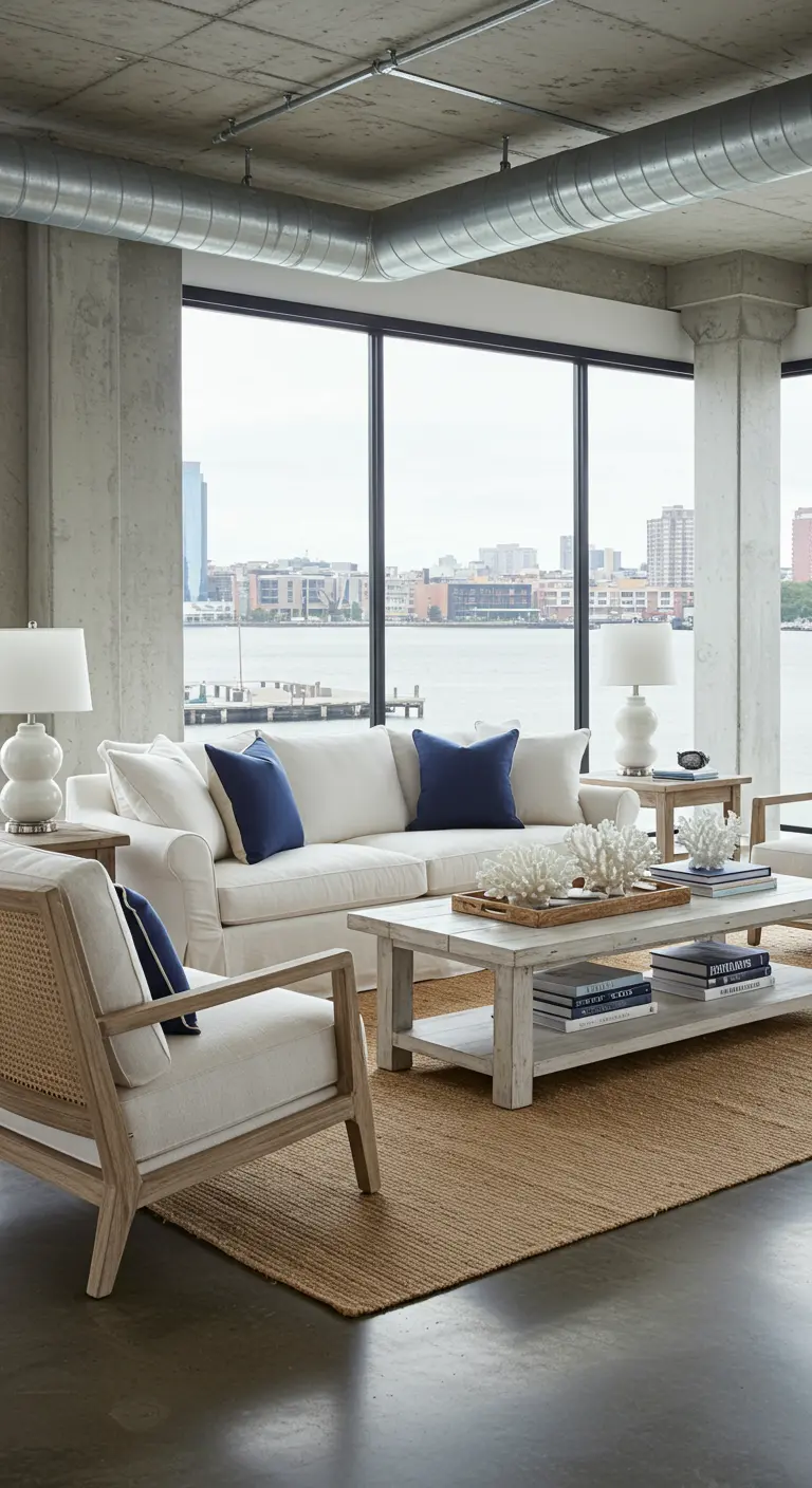 A coastal-inspired loft with a white sofa, navy pillows, and a jute rug on concrete floors.