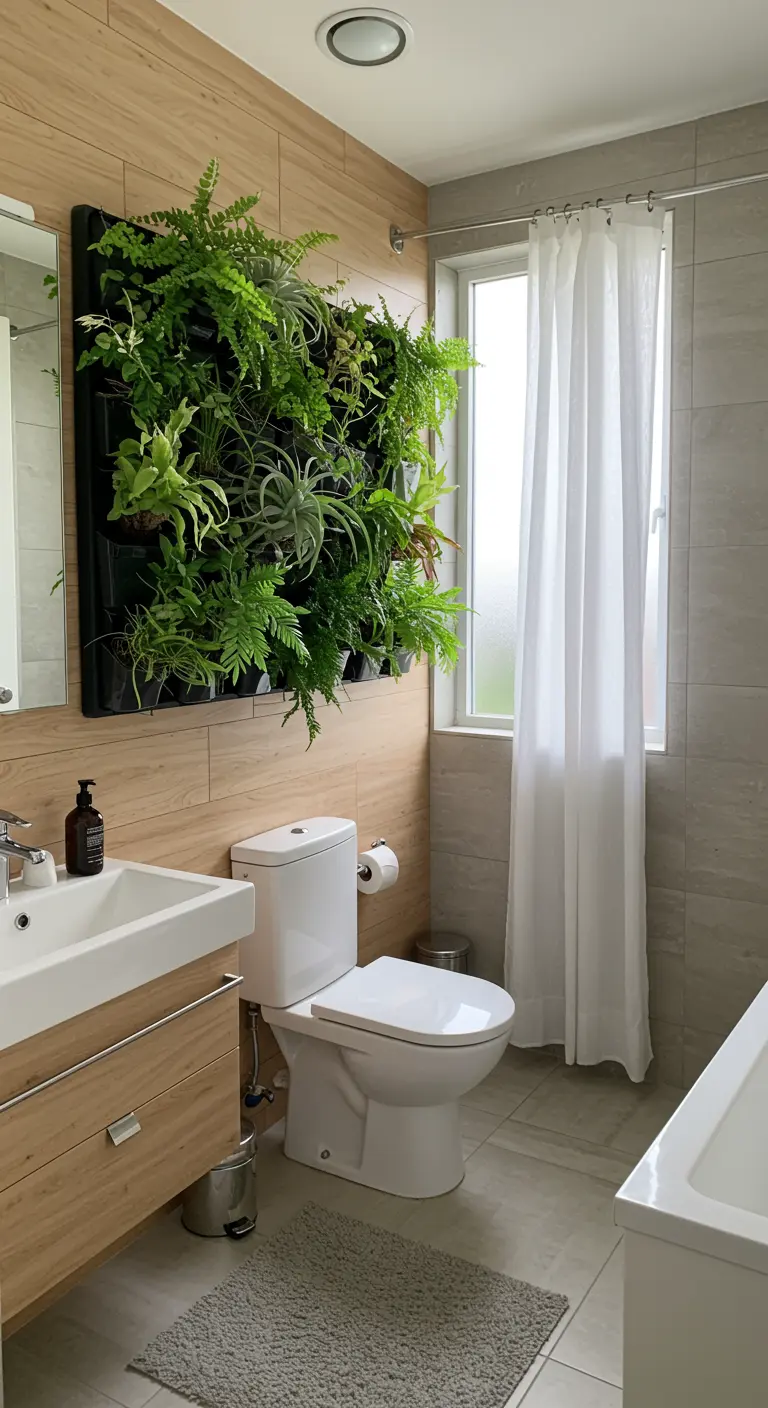 A modern bathroom with a vertical garden of ferns mounted on the wood-paneled wall.