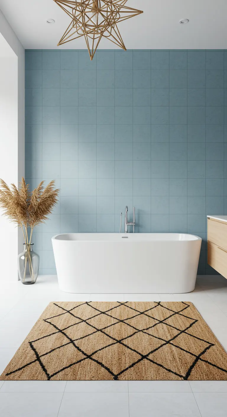 Minimalist bathroom with a blue accent wall and a diamond-patterned jute rug.