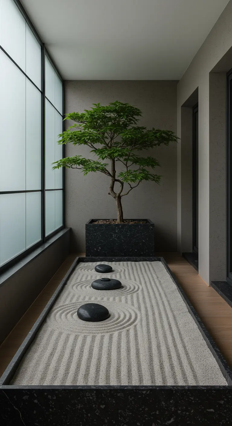 A small zen garden with raked sand and stones next to a Japanese maple.