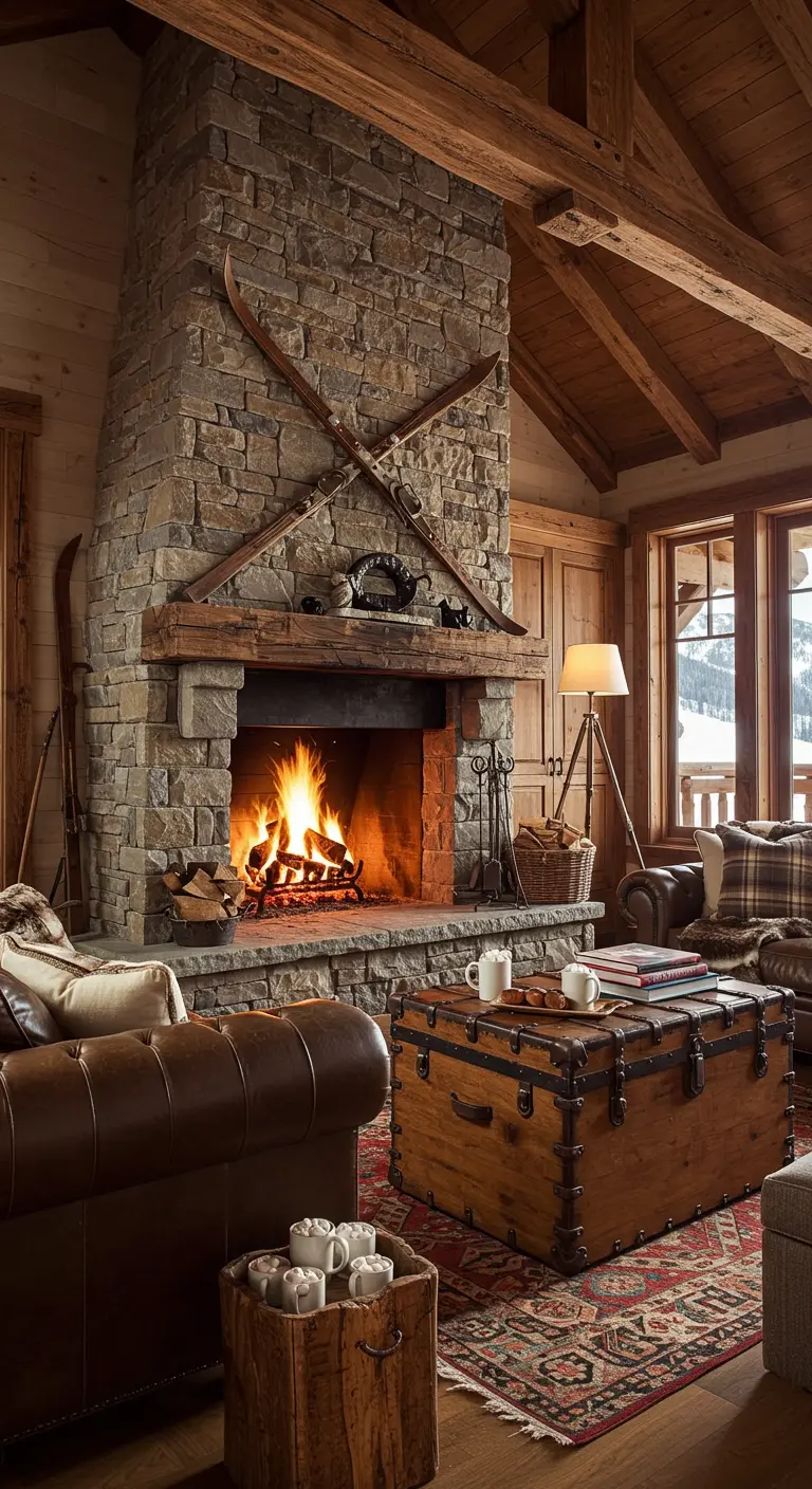 Stone fireplace in a ski lodge decorated with a pair of antique crossed skis.