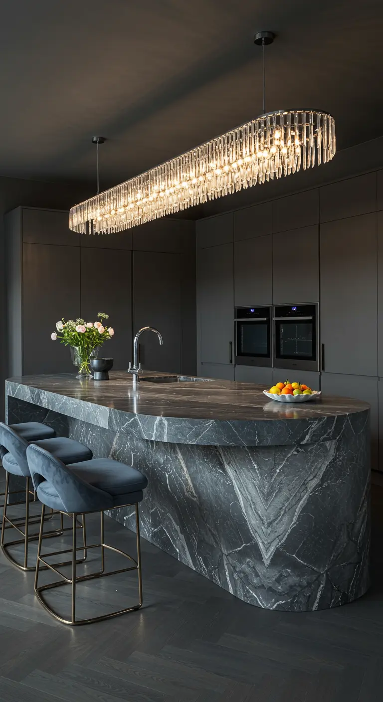 A modern dark grey kitchen with a curved marble island and a long rectangular crystal chandelier.