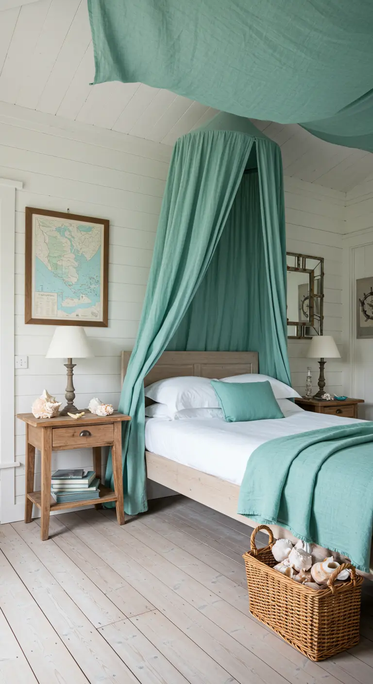 White bedroom with a light wood bed, a seafoam green canopy, and matching throw.
