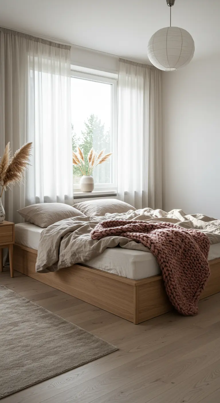 Scandinavian bedroom with a light wood bed, beige linen, and a dusty rose chunky knit throw.
