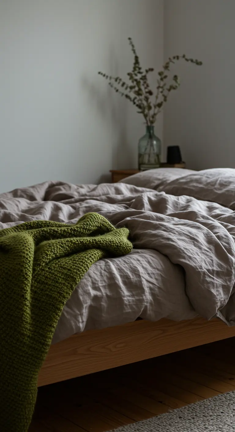 A bed with rumpled linen sheets and a chunky, hand-knit olive green blanket.