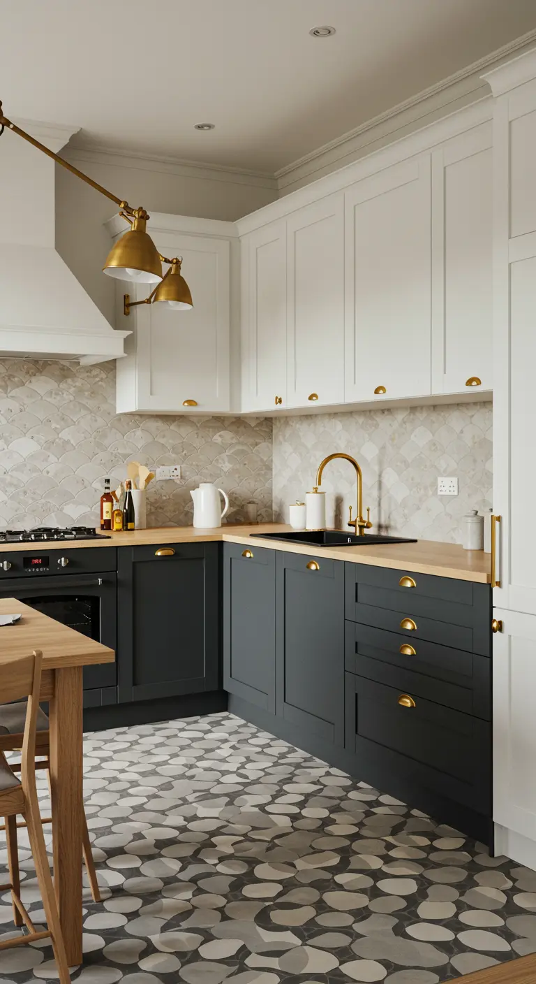 Kitchen with charcoal lower cabinets, wood countertops, and a rounded geometric tile floor.