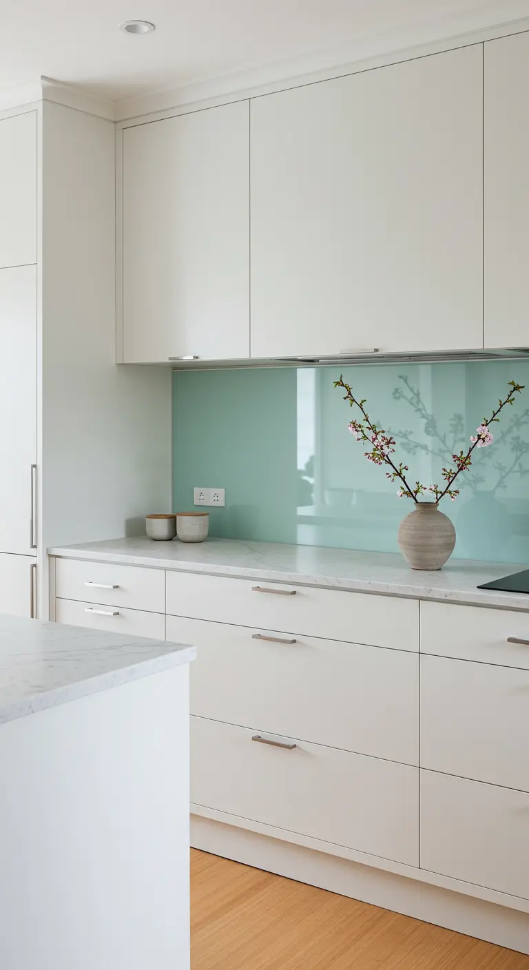 White kitchen with a pale seafoam green glass splashback and marble countertops.