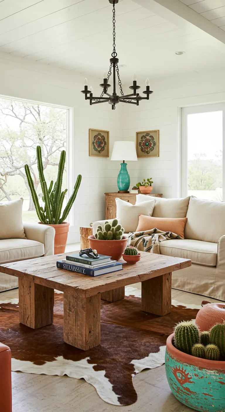 Farmhouse living room with Southwestern touches, including a cowhide rug and cacti in terracotta pots.