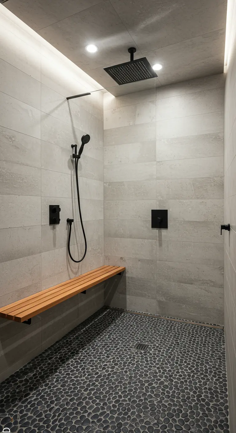 Walk-in shower with a pebble tile floor and a floating wood bench.