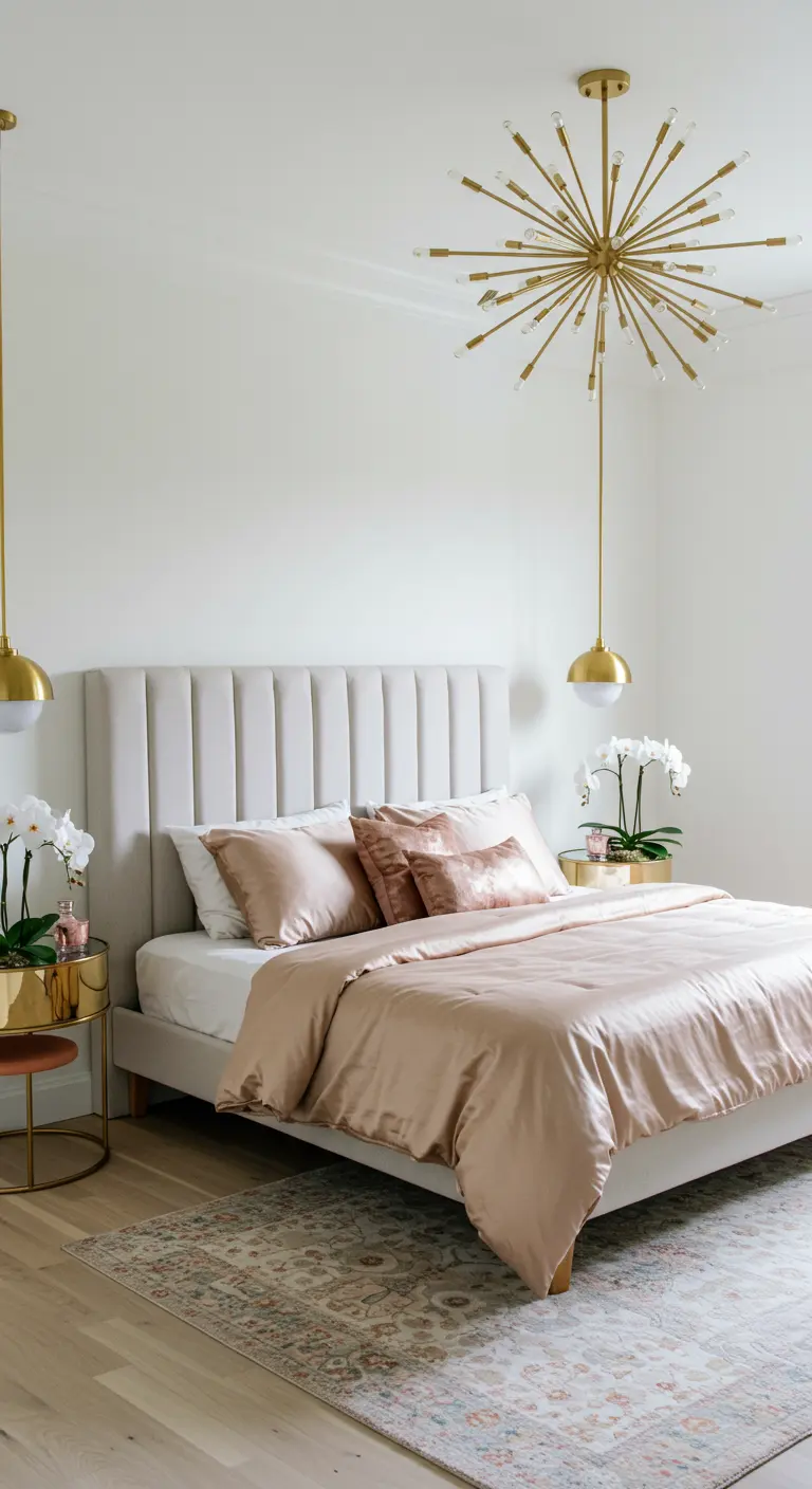 Elegant bedroom with a brass starburst chandelier and pink satin sheets.