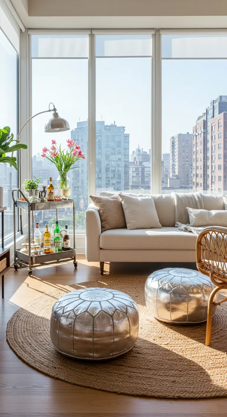 Bright living room with silver metallic poufs on a jute rug next to a white sofa.