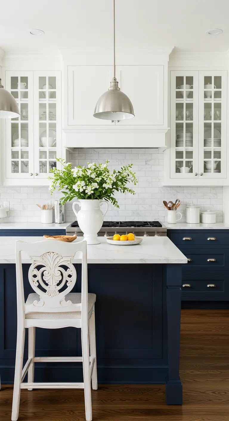 Navy and white kitchen with a single ornate, carved white bar stool at the island.