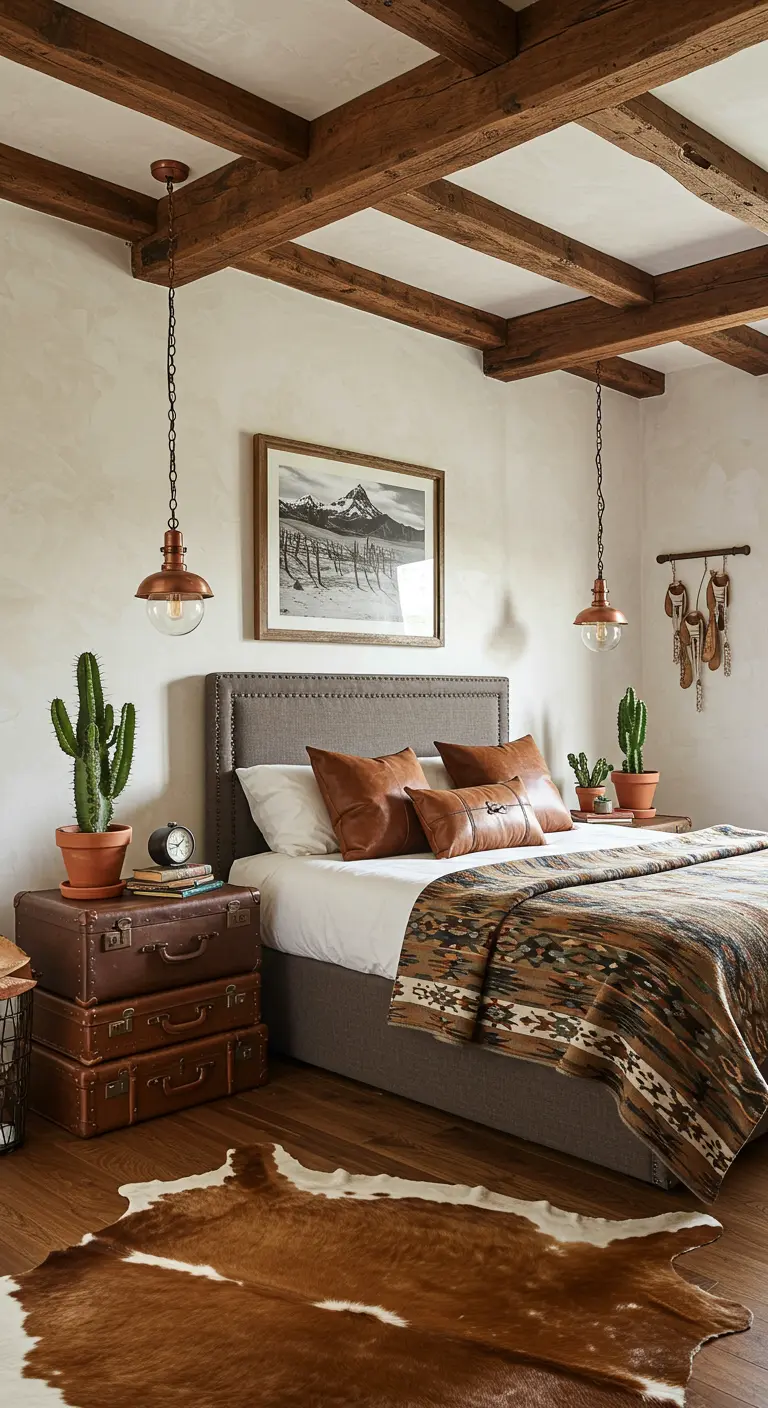 Bedroom with southwestern touches like a cowhide rug, cactus, and stacked suitcase nightstand.