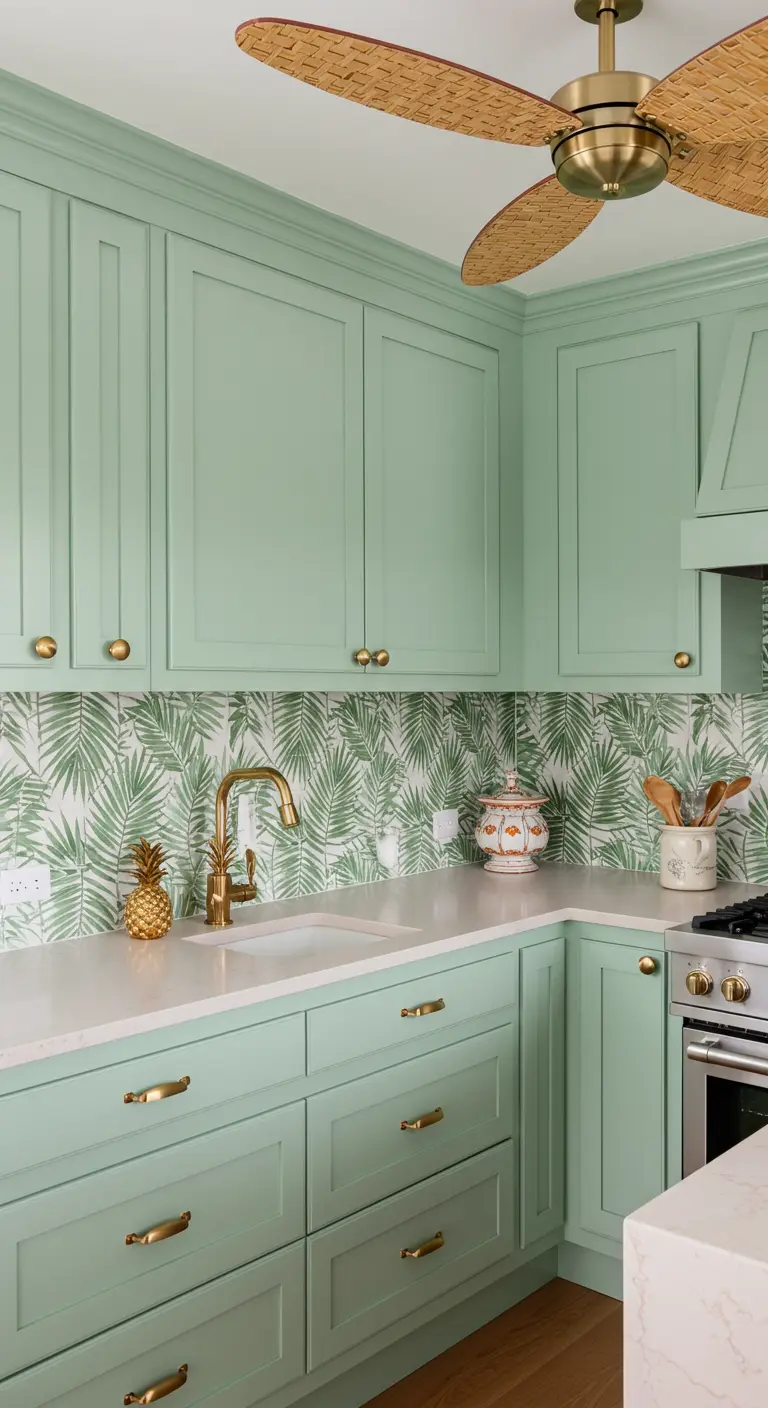 Mint green kitchen with a vibrant palm leaf patterned tile backsplash and brass hardware.