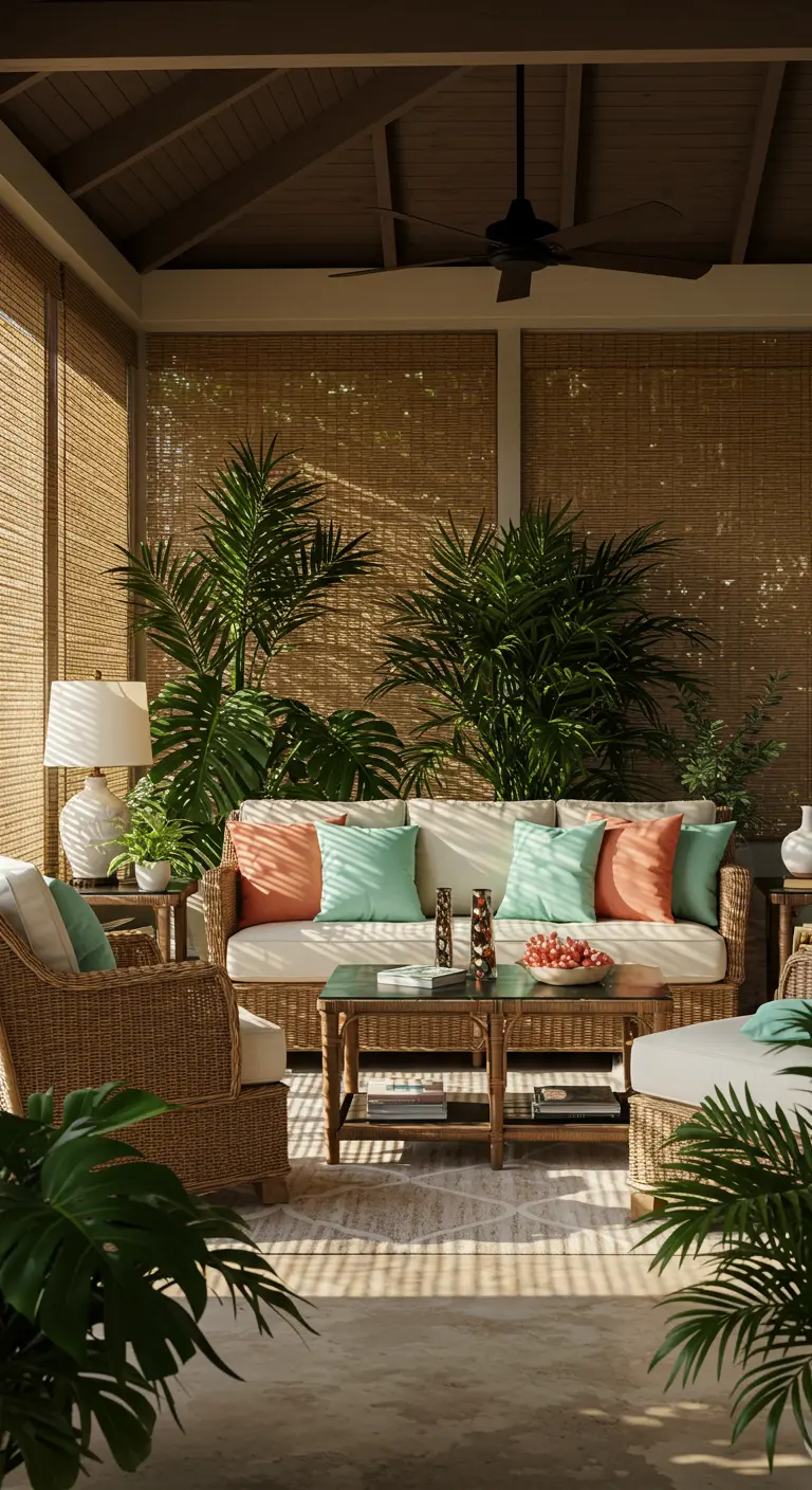 Covered porch living space with a woven sofa, bamboo shades, and coral and seafoam pillows.