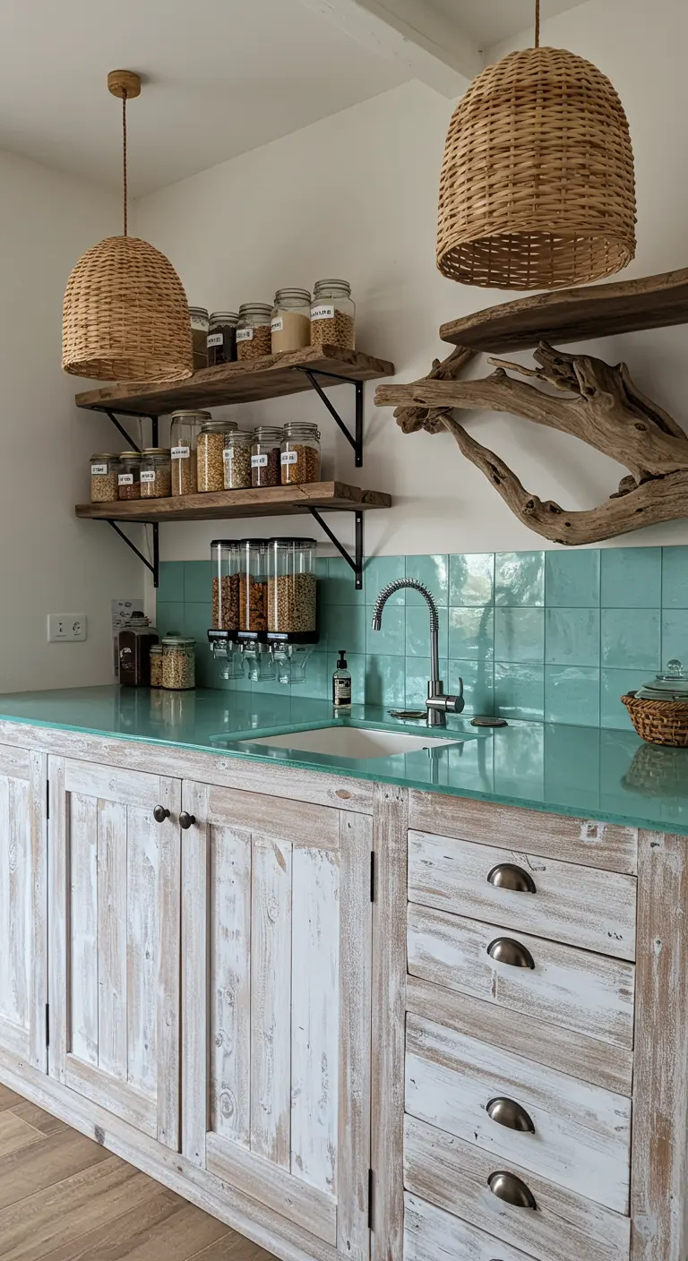 Rustic kitchen with an aqua glass countertop, whitewashed cabinets, and a large driftwood branch.