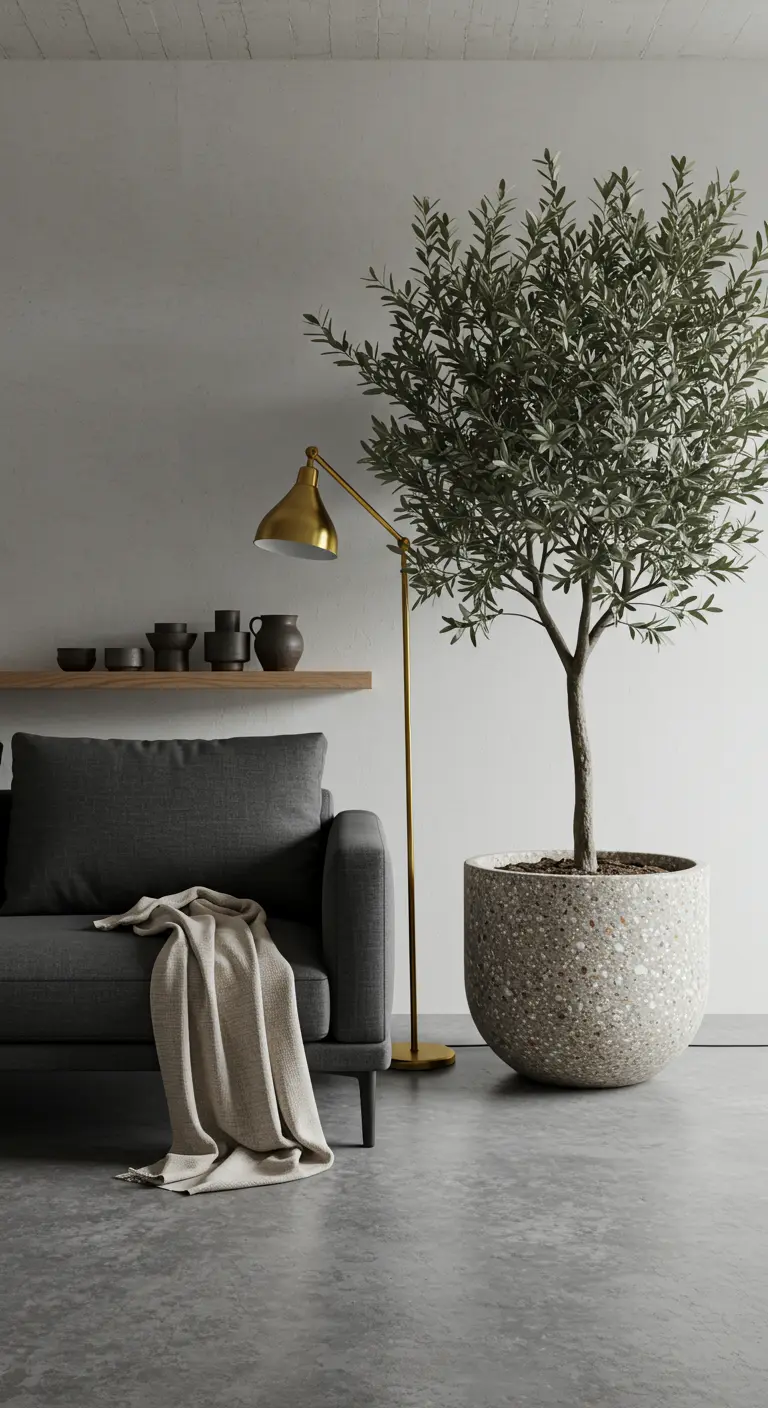Gray sofa next to an olive tree in a terrazzo planter and a brass floor lamp.