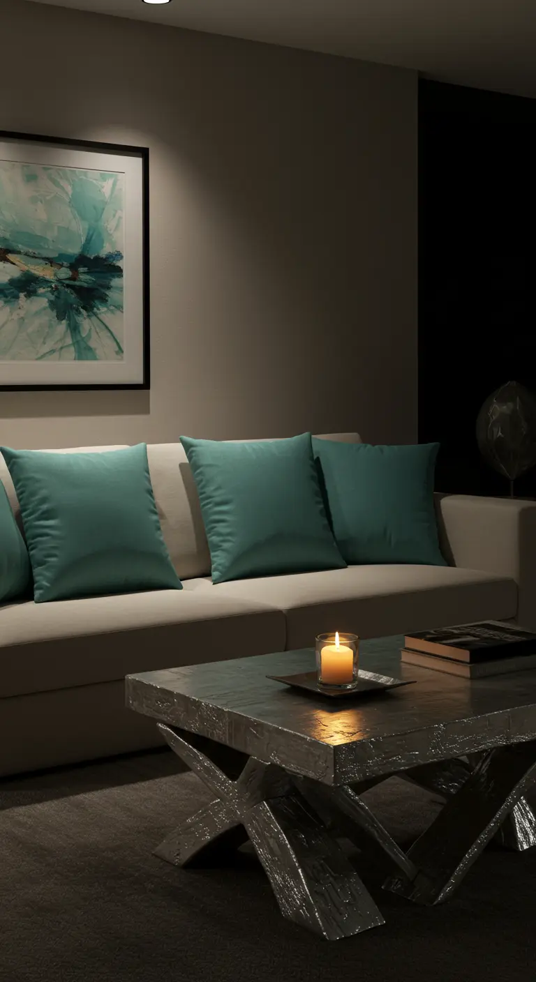 A dimly lit room with an off-white sofa and a reflective, textured metallic coffee table.