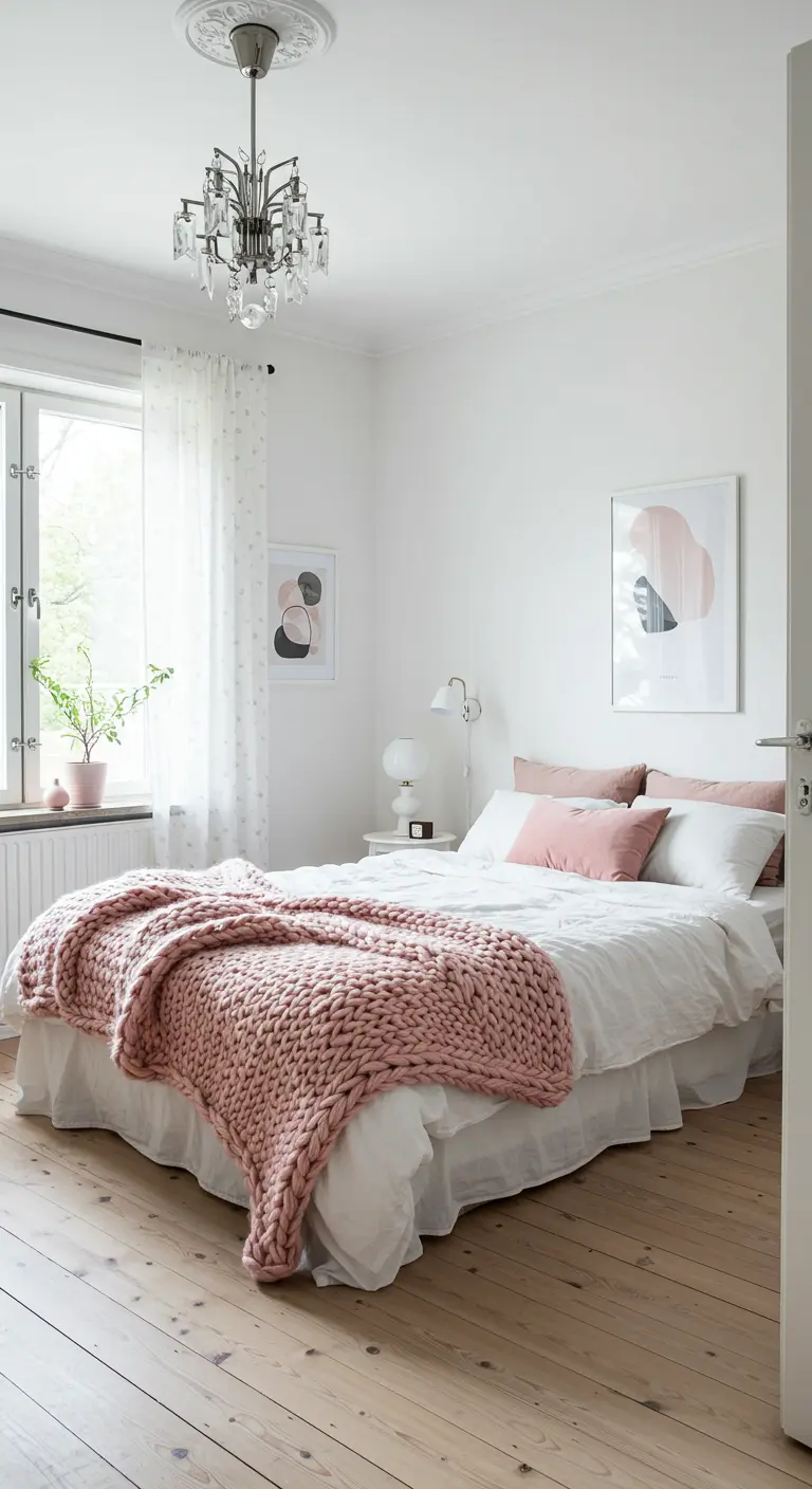 Scandinavian-style bedroom with white walls, a chunky pink knit blanket, and light wood floors.
