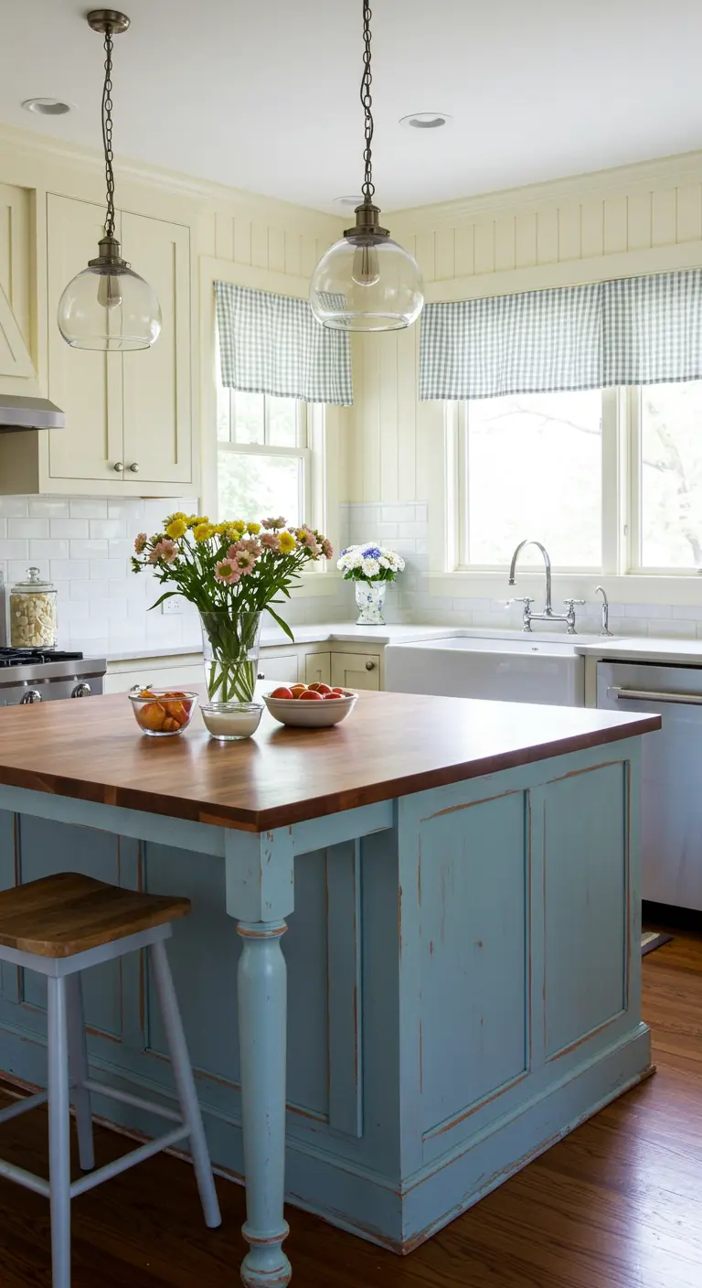 Farmhouse kitchen with a distressed blue-gray island and gingham window shades.