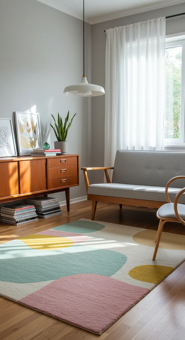 A calm, minimalist living room with a teak credenza and a pastel-colored abstract rug.