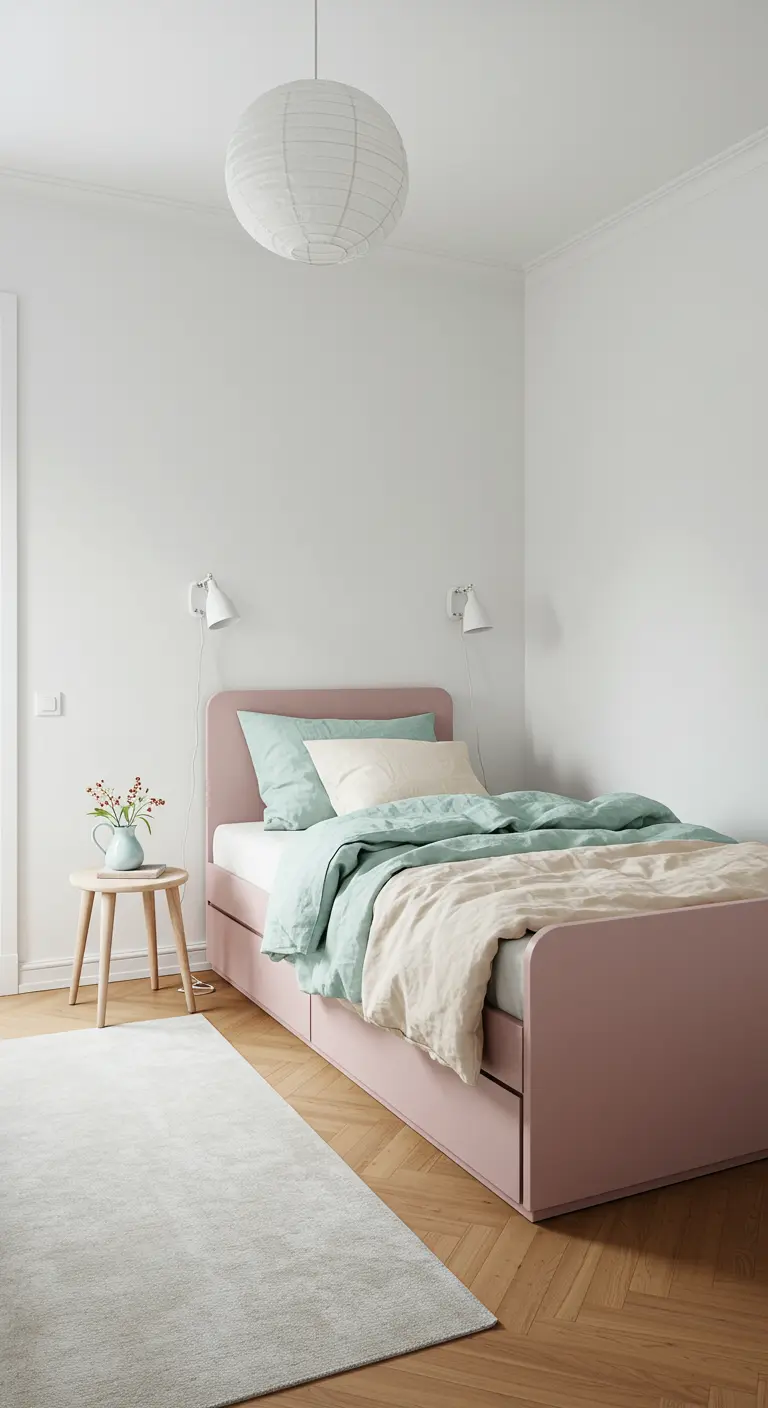 Bedroom with a dusty rose upholstered storage bed, mint green bedding, and white walls.