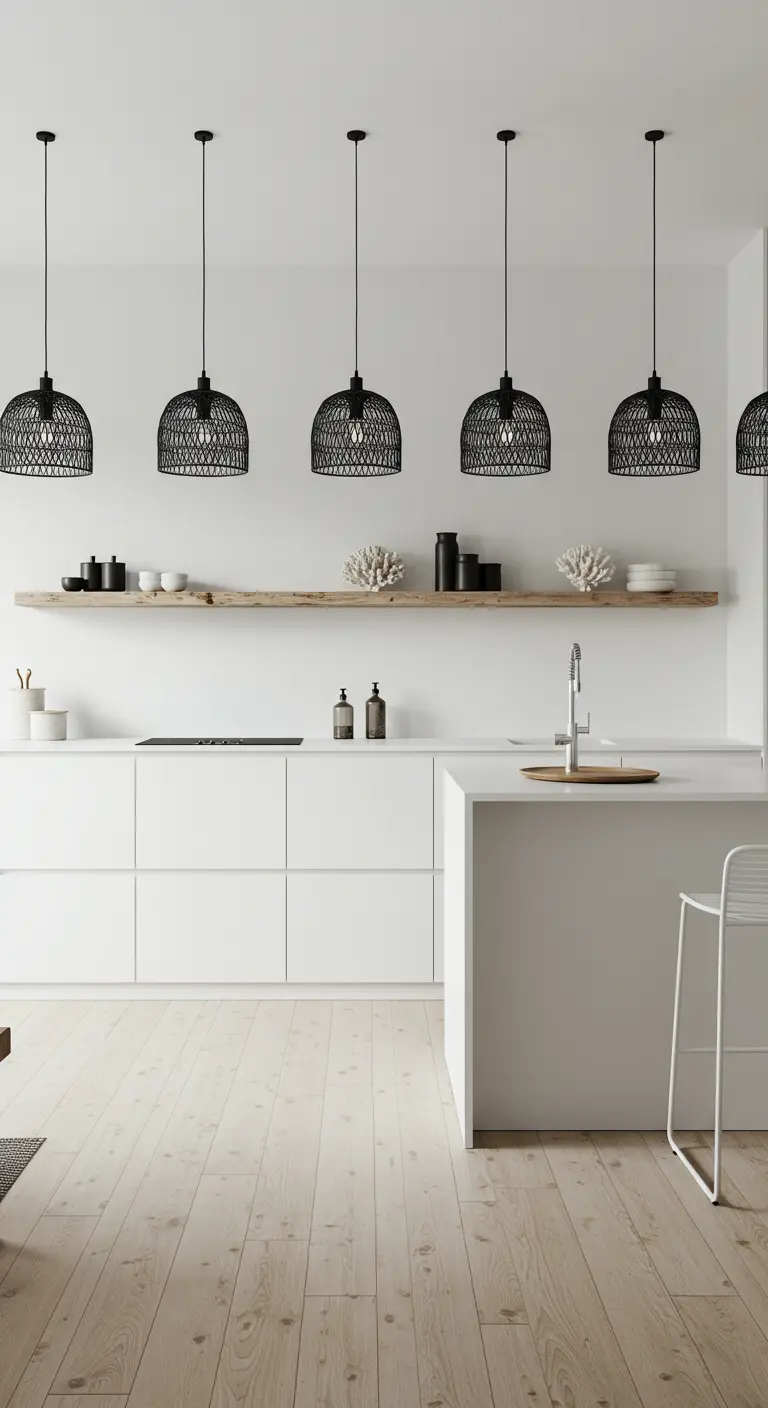 Five black woven pendants in a row over a minimalist white kitchen island.