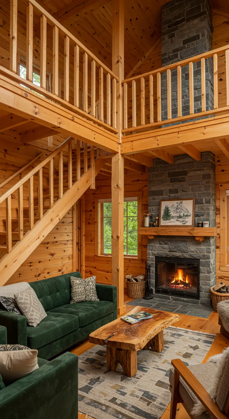 Log cabin living room with a deep green velvet sofa and a stone fireplace.