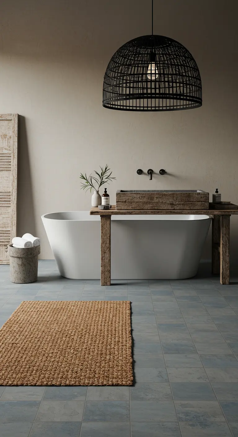 Wabi-sabi bathroom with a large black rattan pendant over the tub.