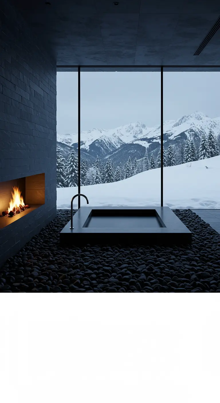 Sunken tub and fireplace in a modern bathroom with a snowy mountain view.