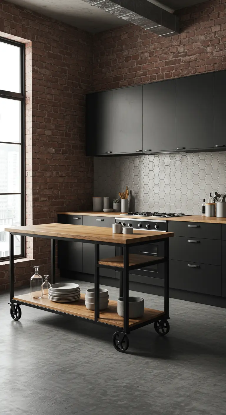 Industrial kitchen with black cabinets, brick wall, and a rolling wood and iron island.