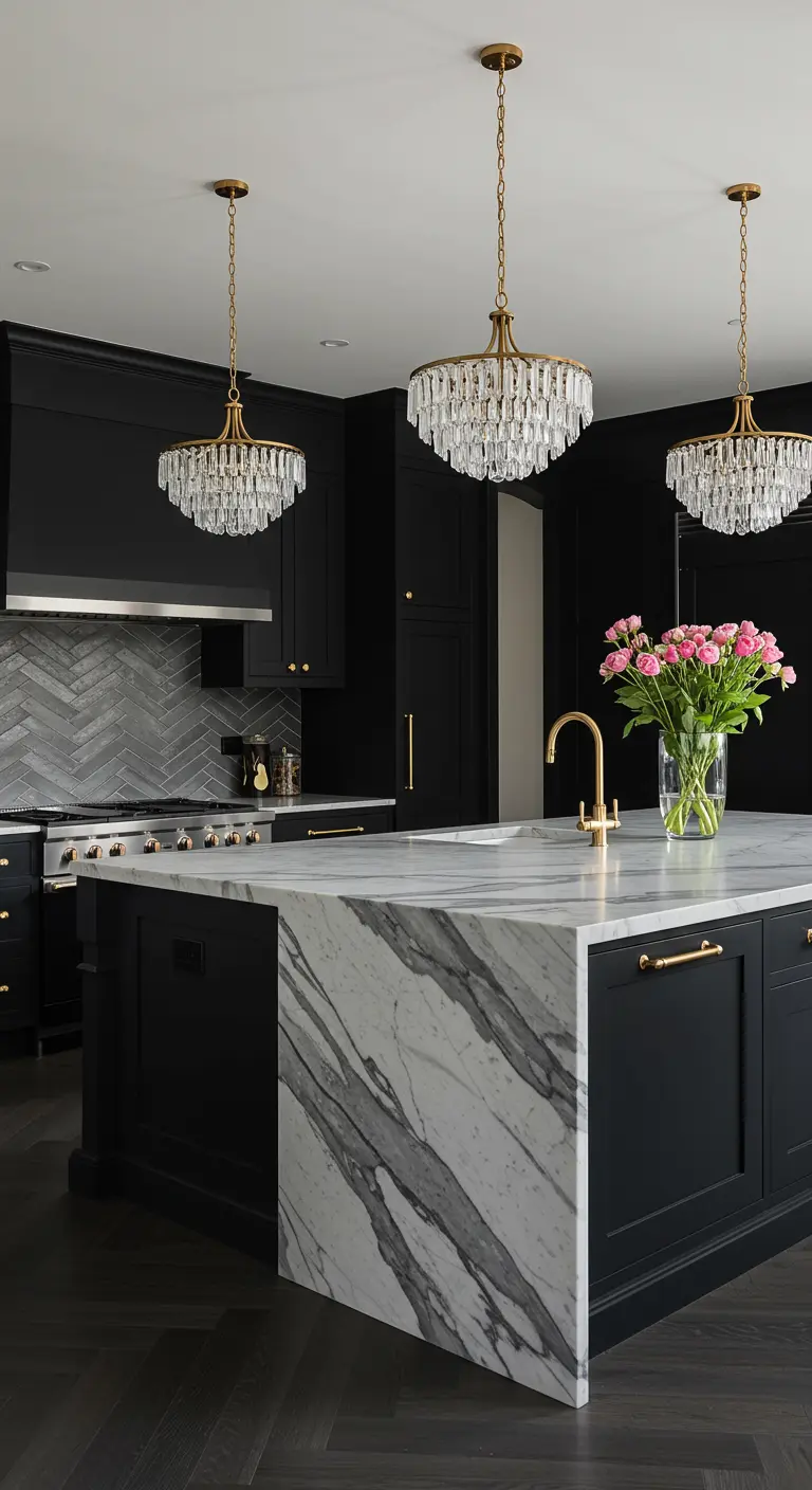 Luxurious kitchen with black cabinets, a dramatic waterfall marble island, and crystal chandeliers.