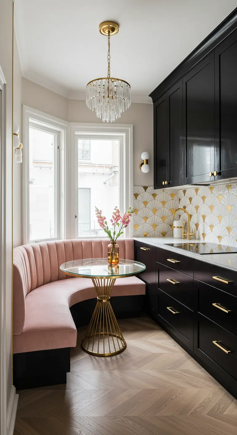 Glam kitchen with black cabinets, fan tile, and a curved pink banquette.
