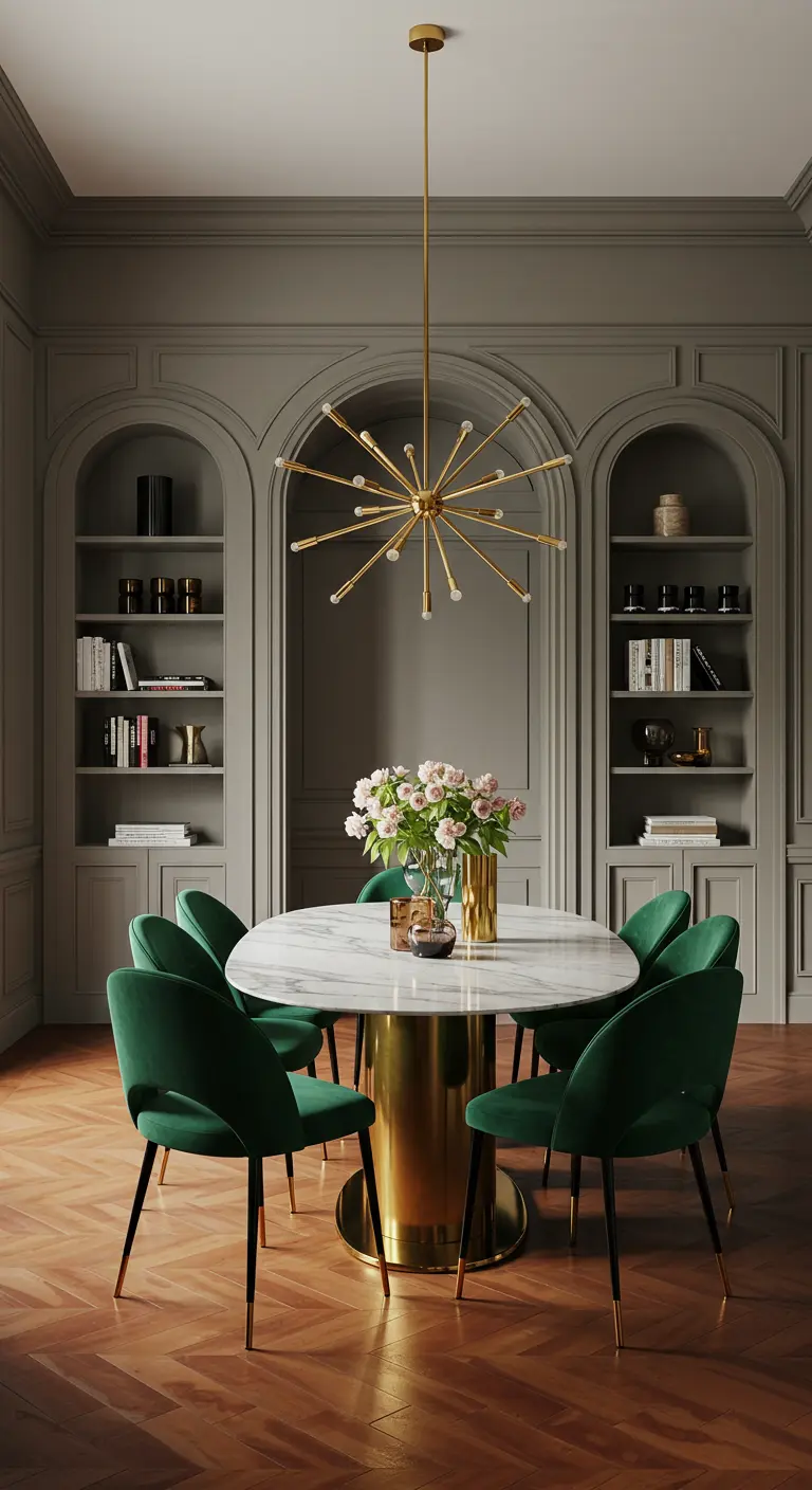 Elegant dining room with green velvet chairs and a brass sputnik chandelier.