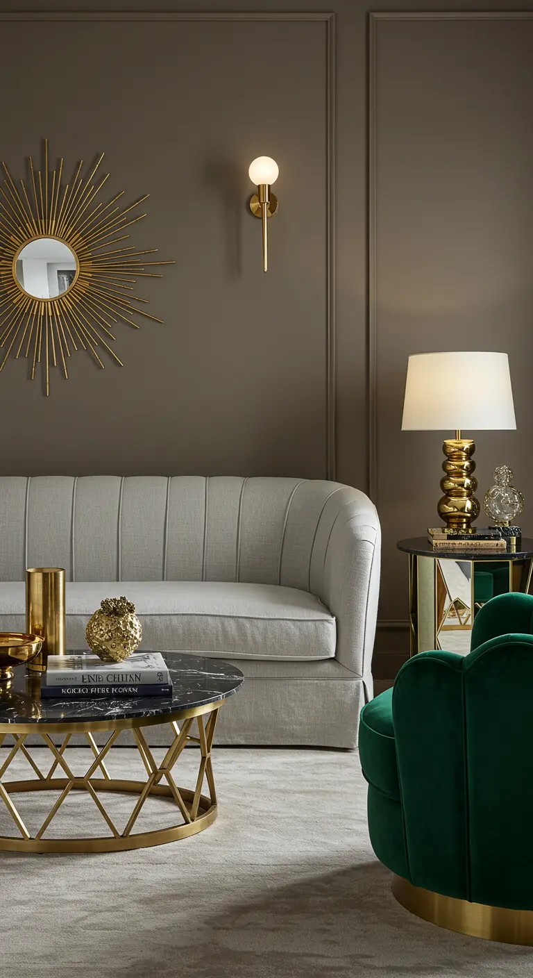 Glamorous living room with a taupe wall, brass accents, and an emerald velvet chair.