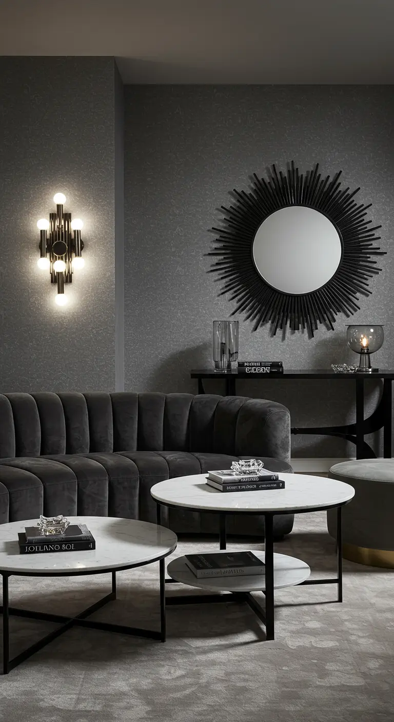 Dark gray living room with a channel-tufted sofa, sunburst mirror, and marble nesting tables.