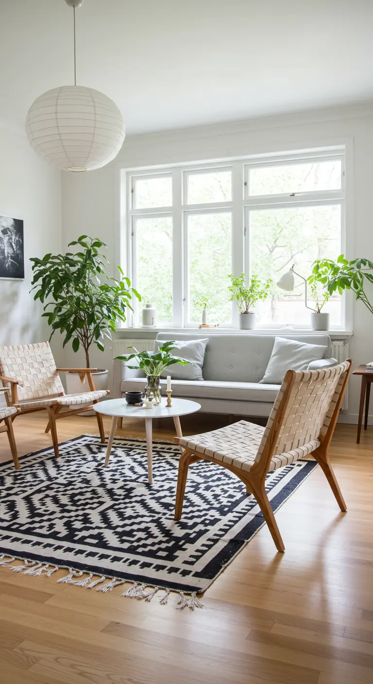 Scandinavian living room with woven strap chairs and a black and white geometric kilim rug.