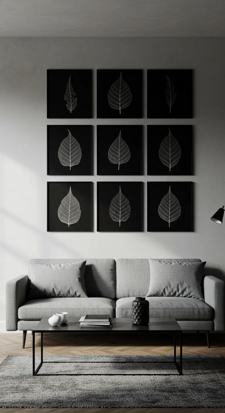 A grid of nine black and white skeleton leaf prints hangs above a modern gray sofa.