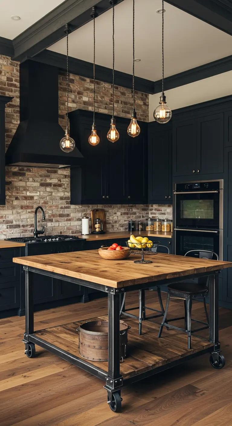 Industrial farmhouse kitchen with black cabinets, brick wall, and a wood island on wheels.