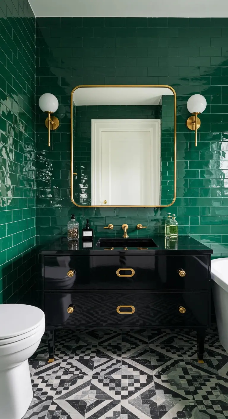 Bathroom with glossy emerald green subway tiles, a black lacquer vanity, and gold hardware.