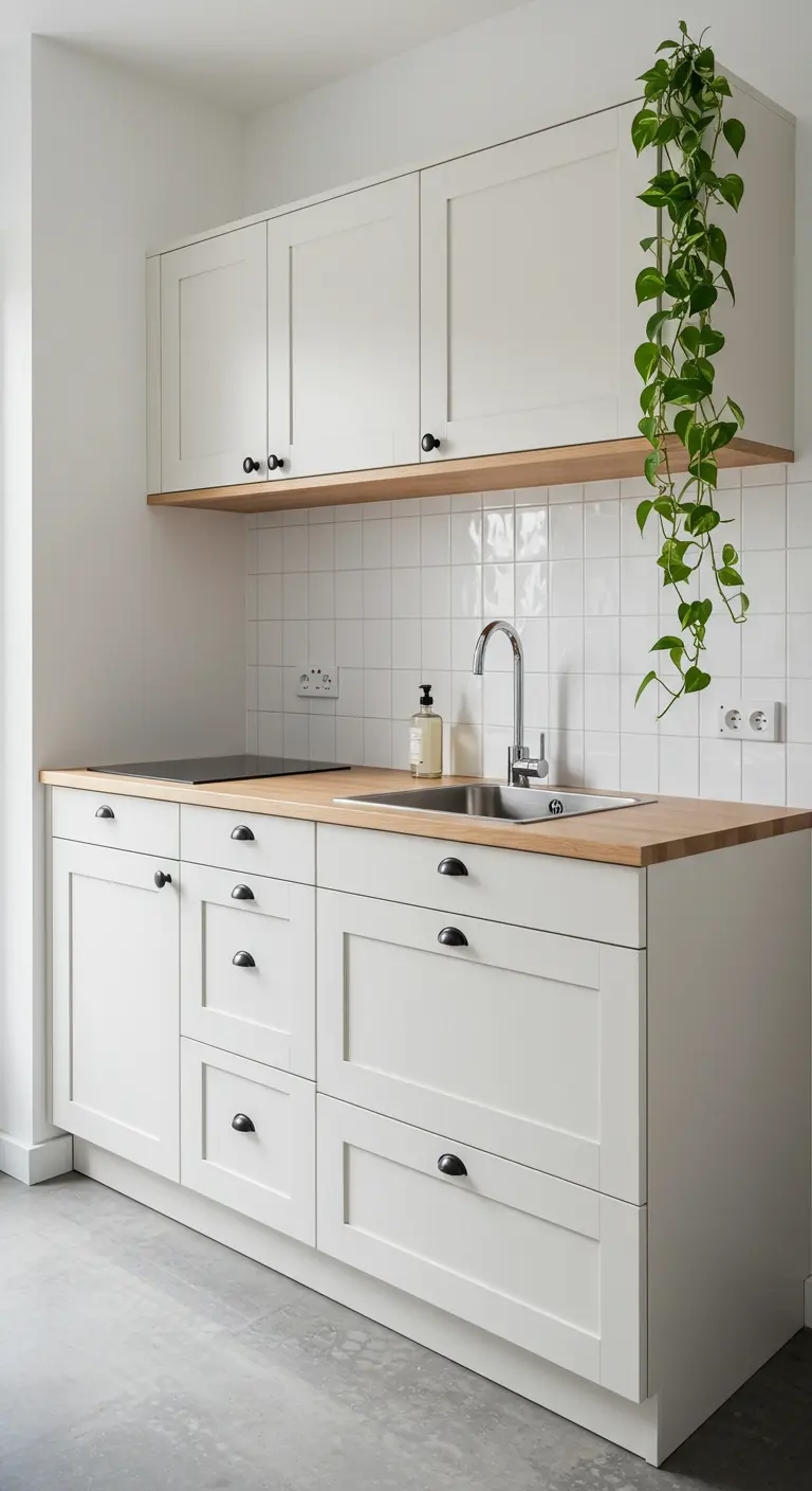 White shaker kitchen with a wood countertop and a trailing plant hanging from the upper cabinet.
