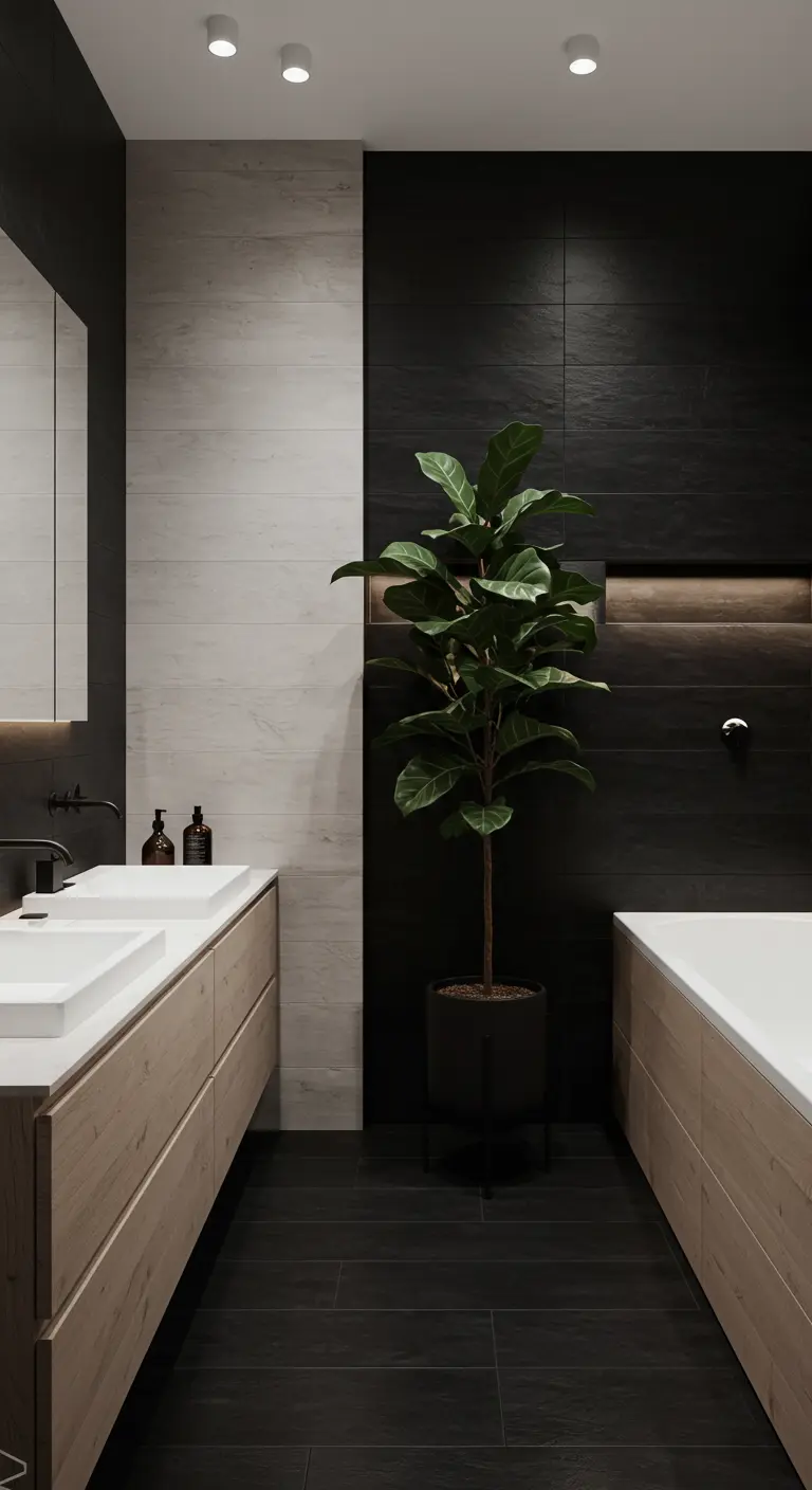 Black and white bathroom with wood vanities and a large fiddle-leaf fig plant.